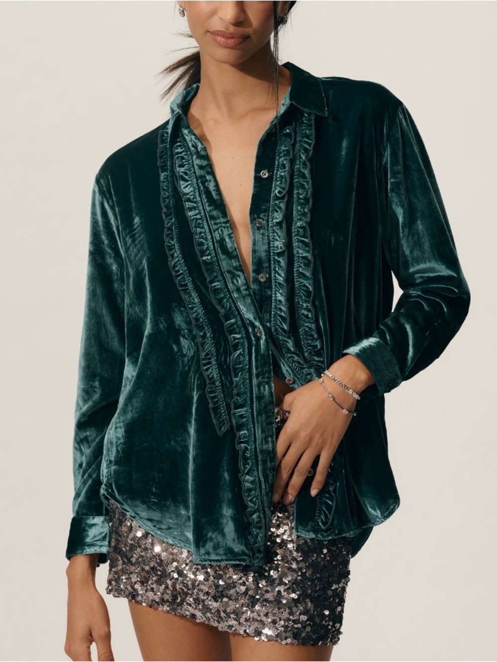 Anthropologie Pilcro Oversized Button Down Tuxedo Shirt NWT Deep Hunter Green M